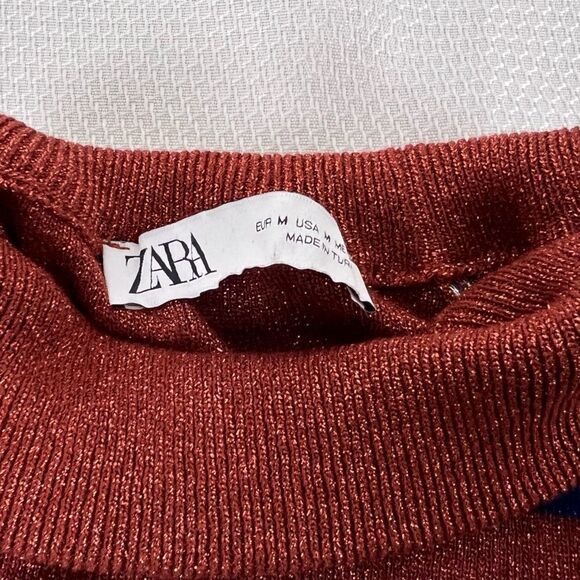 Zara Womens Striped Turtleneck Short Sleeve Knit Shirt Top Red Multi Size Medium - Picture 4 of 9